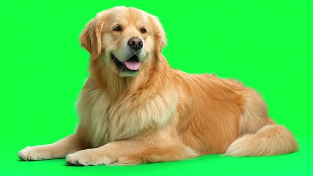 Golden retriever dog lying on a vibrant green studio background, ready for action on vibrant green screen background	