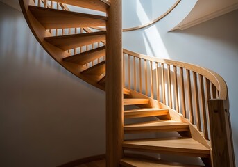 Elegant wooden spiral staircase with natural light in a modern interior