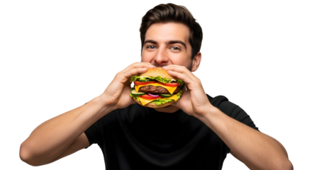 A person enjoying a delicious burger, biting into a flavorful meal. The man is smiling and looks happy to enjoy the food, isolated on transparent background