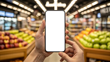 Hand holding smartphone with blank screen in grocery store for shopping and digital app concept  
