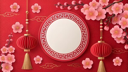 linear chinese lanterns, symbols, asian red background with gradient for poster, greeting card or flyer