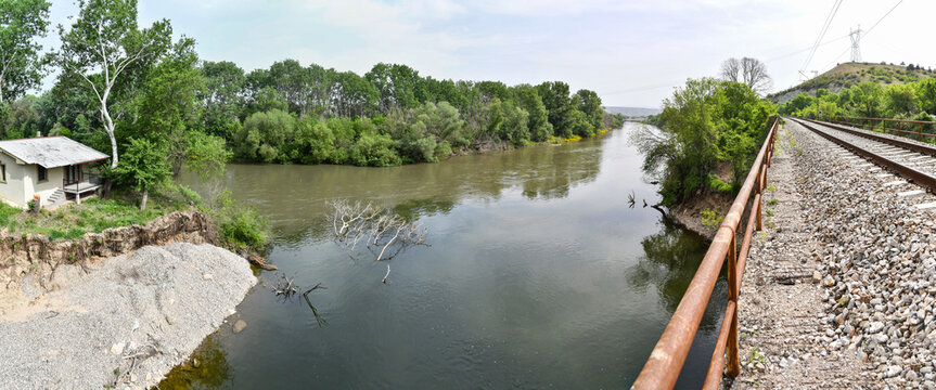 Panoramic view of the place where the river Crna Reka flows into the waters of the biggest Vardar River. 