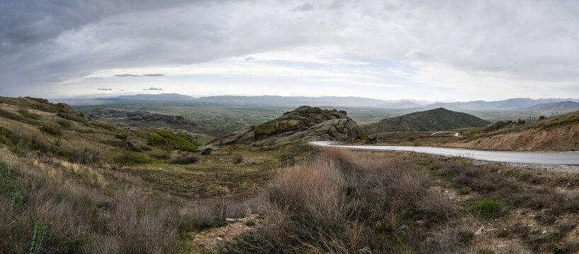 Panoramic view from Treskavec Monastery, near Prilep, Macedonia. In the distance, the city of Prilep and the mountains can be seen.