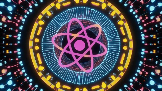 Vibrant digital art featuring atom symbol and circuit patterns for technology and science themes