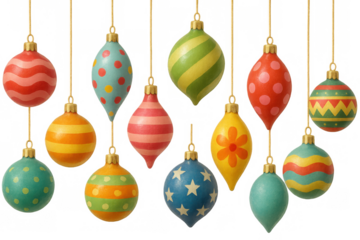 Hanging vintage christmas ornaments creating a festive holiday decoration on transparent background