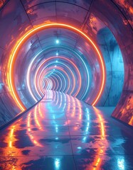 Futuristic tunnel with neon lights and reflective surface
