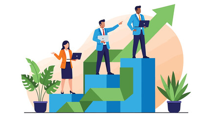 Business professionals standing on ascending blocks with upward arrow, symbolizing career growth, success, strategic planning, teamwork, tech-savvy workplace, modern illustration with plants and devic