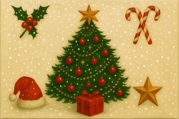 Classic Christmas elements illustration: decorated tree, gift, holly, candy canes, Santa hat, and star on a warm, snowy background.