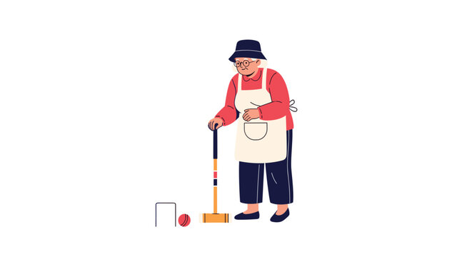 An elderly woman wearing an apron and a hat plays a game of croquet with a mallet and ball on a white background.