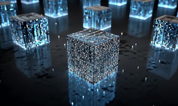 Abstract digital cubes illuminated with binary code and data patterns reflecting on a dark wet surface with bokeh lights in the background representing technology and information