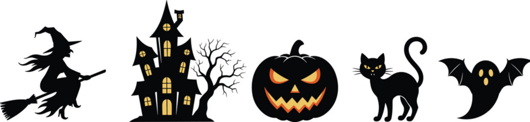 Halloween silhouettes, flying witch, haunted house, spooky tree, jack-o'-lantern, black cat, glowing bat, festive design, eerie elements, white background