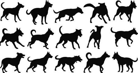 Collection of dynamic dog silhouette poses showcasing walking, standing, running, playful movement, domestic pet behavior, perfect for vector illustration, design elements, and creative animal artwork