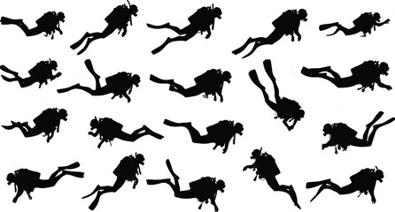Collection of dynamic scuba diver silhouettes in various underwater swimming poses, detailed black vector illustration ideal for ocean exploration themes, marine sports designs, and adventure graphics