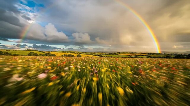 Vivid countryside landscape with bright rainbow arching above colorful wildflowers, 4K time-lapse background featuring glowing skies, gentle light transitions, and calm cinematic spring atmosphere