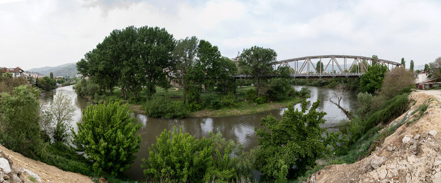 Panoramic view of the city of Veles, and the Vardar river with bridges, Macedonia.