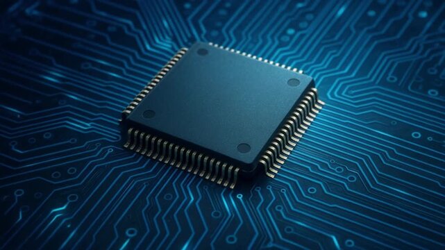 real time security analytic concept. Close-up of a microchip on a circuit board with blue lighting.