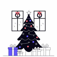 Minimalist Christmas Living Room Line Art with Tree Fireplace and Presents Vector Illustration
