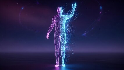 A futuristic digital human figure composed of pink and blue particles on a dark background with stars