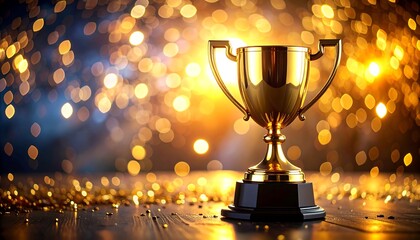 Gleaming golden trophy on a dark surface, bokeh background