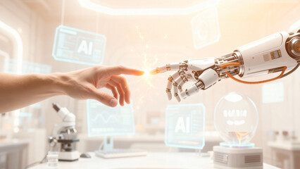 Human hand and robot hand touching symbolizing AI interaction