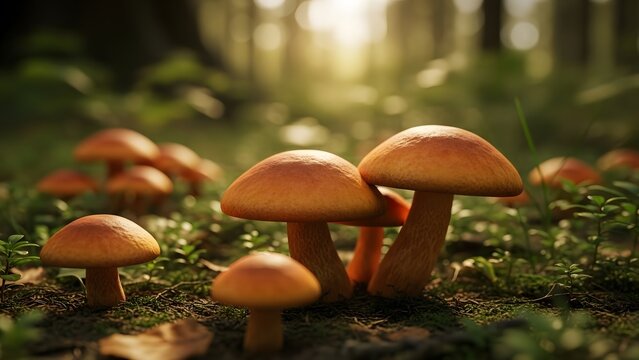 Magical forest floor with glowing orange mushrooms in sunlight