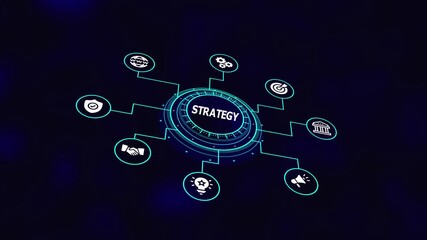 Strategy Planning Framework with Digital Dashboard Icons, Business Intelligence, Performance Metrics, and Enterprise Decision Modeling. - Powered by Adobe