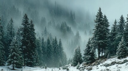 Snowy pine forest with mist, quiet winter landscape expressing calm isolation and purity.