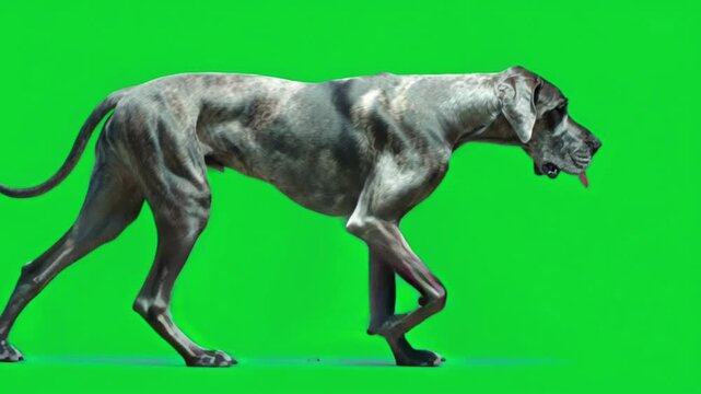 Majestic Great Dane walking against a vibrant green studio background, ready for action on vibrant green screen background	