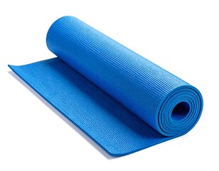 Blue rolled exercise mat on a white background, partially unrolled