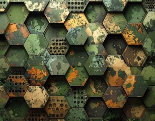 Hexagonal patterned mosaic with camo textures and mixed metallic surfaces