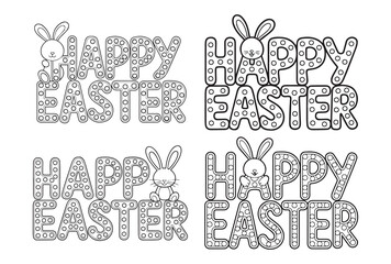 Happy Easter Coloring Page Designs with Bunny Ears Text Variations and Decorative Dotted Lettering for Kids and Adults