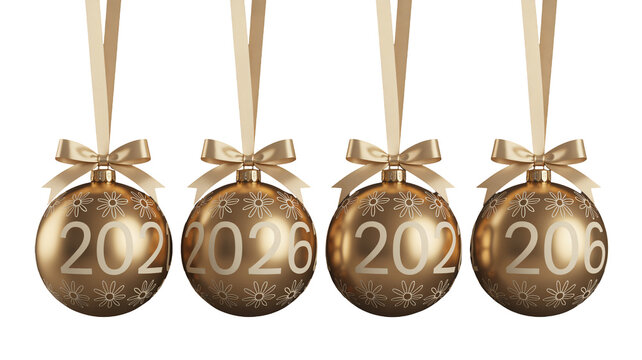 Four luxurious golden Christmas ornaments hanging with ribbons displaying the years 2021 2026 2022 and 2060