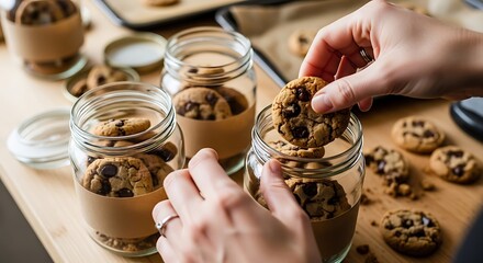 Person grabbing a cookie from a jar surrounded by fresh-baked delights