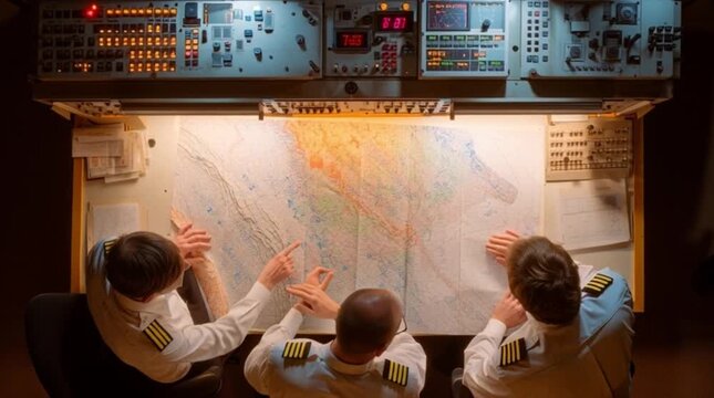 Team of Air traffic controllers Gathering Around a Large Display or Map, Discussing Flight Paths and Operational Strategy