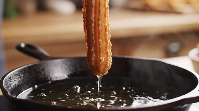 Golden churro frying in hot oil in kitchen pan