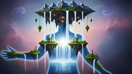 A surreal floating island with lush greenery and waterfalls cascading down into a glowing blue light