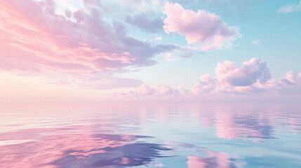Dreamy pastel pink and blue sky with fluffy clouds reflecting on calm ocean water background