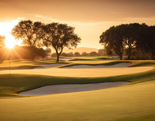 Fototapeta premium A gorgeous golf course at sunset and a beautiful sky.