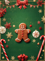 Festive Gingerbread Man Cookie Flat Lay with Candy Canes Gold Snowflakes and Red Ribbons on Green Background.