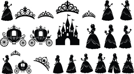 fairy tale princess silhouettes, royal castle, tiara crowns, magic carriage, ball gown dresses, fantasy girl, kids party decoration illustration © jamiul