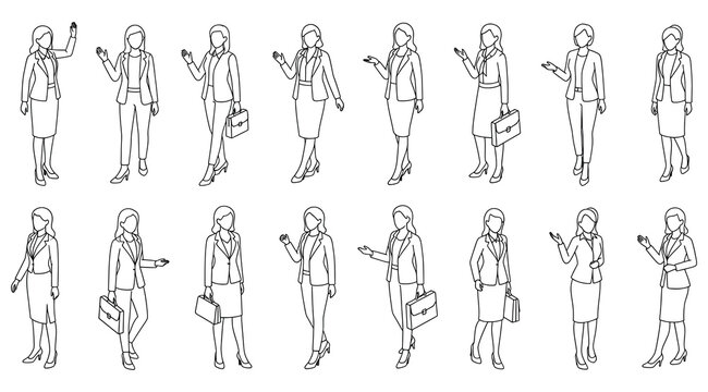 Line drawings of businesswoman in varied poses with smartphone, black-and-white illustration showing walking, standing, and interacting gestures for animation, design, and professional behavior refere