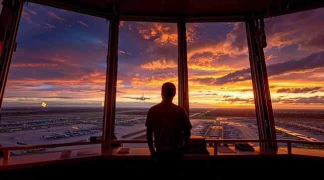 Air traffic controllers or Pilot Silhouette Watching a Beautiful Golden Sunset Over the Runway and Airport Through the Tower Window