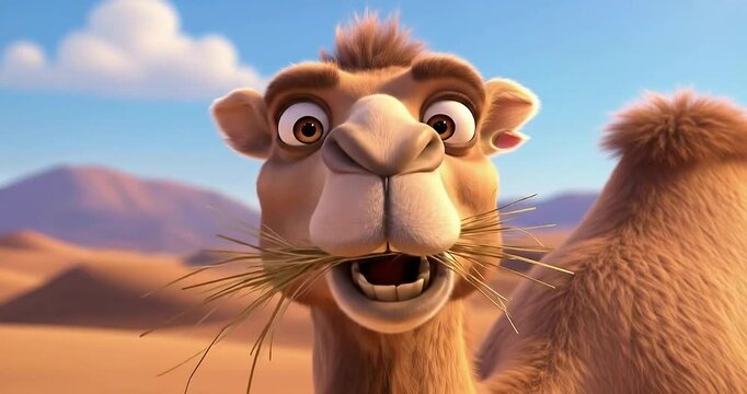 Cartoon camel with a playful expression holding grass in its mouth against a desert backdrop