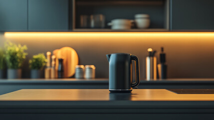 Modern matte black electric kettle on kitchen counter with blurred window background