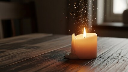 A single lit white candle on a rustic wooden table, casting a warm glow with sparkling dust particles floating in the air.