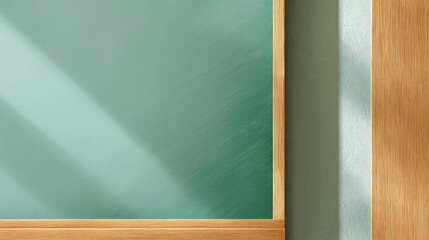 Minimalist composition featuring a green writing surface framed by light wood grain beside a textured wall catching daylight