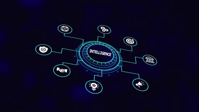 Intelligence Driven Business System with Digital Analytics Dashboard, Insight Icons, Data Integration, and Strategic Decision Framework.