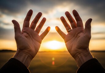 Human hands reaching for the vibrant golden light of a sunset sky