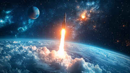 Rocket launching from Earth into a galaxy of stars and planets, symbolizing a successful mission and exploration