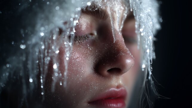 Close-up of a face with icicles and frosty eyelashes, capturing the serene and chilly beauty of winter.